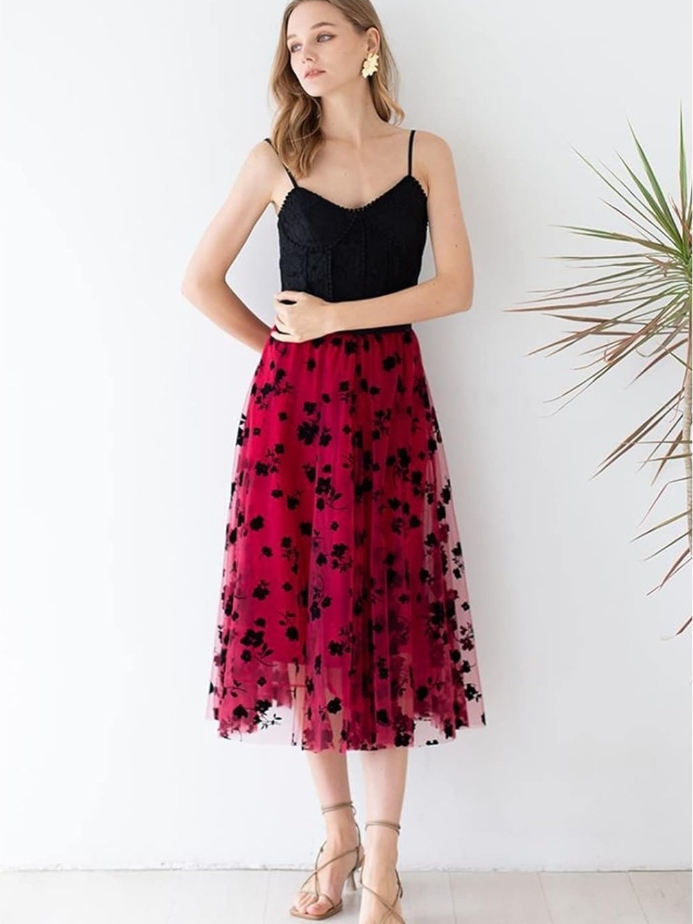 NWT Women’s Floral Mesh Midi Skirt in Dark Red with Black Accents